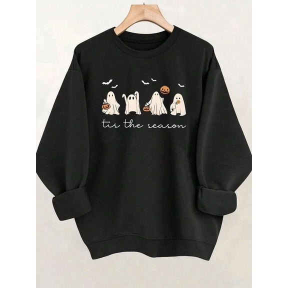 Women's Halloween Ghost Graphic Sweatshirt, Cute Spooky Print, Long Sleeve Crew Neck Pullover
