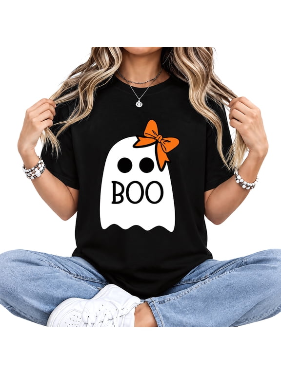 Women's Halloween Ghost Graphic T-Shirt, Black Short Sleeve Crew Neck Casual Tee with Cute BOO Print, Soft Everyday Top
