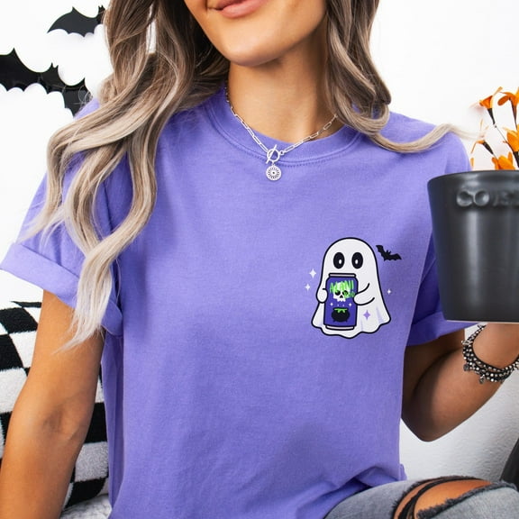 Women's Halloween Ghost Graphic T-Shirt – Cute Spooky Season Tee with Energy Drink Print
