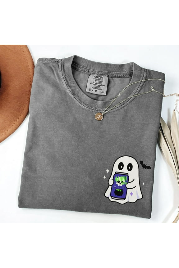 Women's Halloween Ghost Graphic T-Shirt – Cute Spooky Season Tee with Energy Drink Print