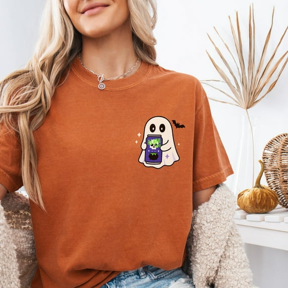 Women's Halloween Ghost Graphic T-Shirt – Cute Spooky Season Tee with Energy Drink Print