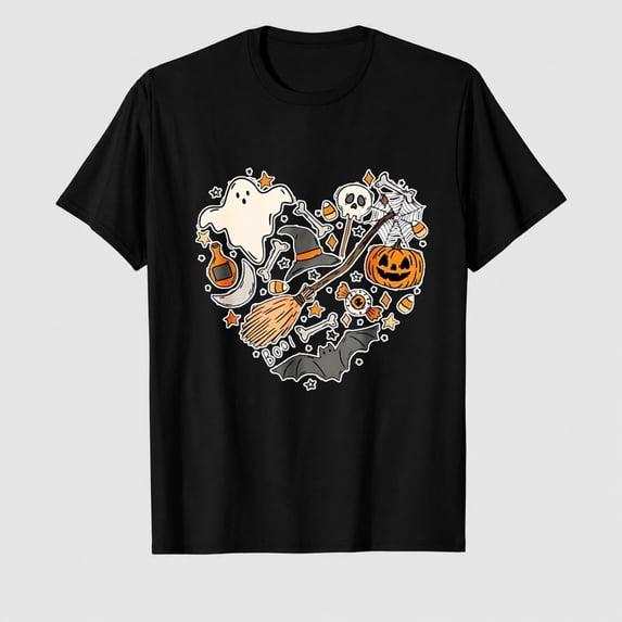 Women's Halloween Ghost Pumpkin Floral Heart Graphic T-Shirt, 100% Cotton Short Sleeve Shirt