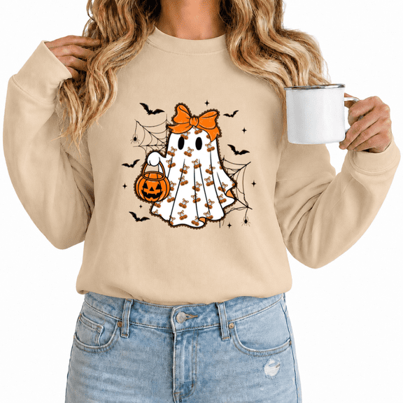 Women's Halloween Ghost Pumpkin Graphic Sweatshirt Playful Crewneck Long Sleeve Pullover Fall Outfit