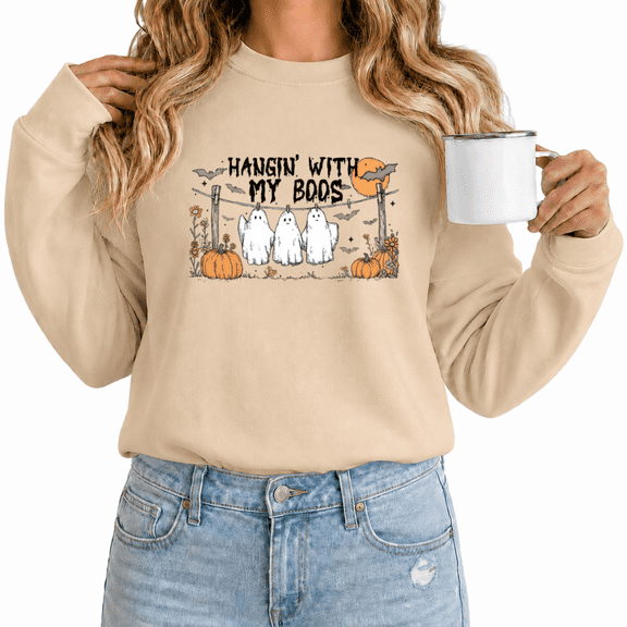 Women's Halloween Ghost Pumpkin Print Sweatshirt Whimsical Autumn Casual Long Sleeve Round Neck Shirt