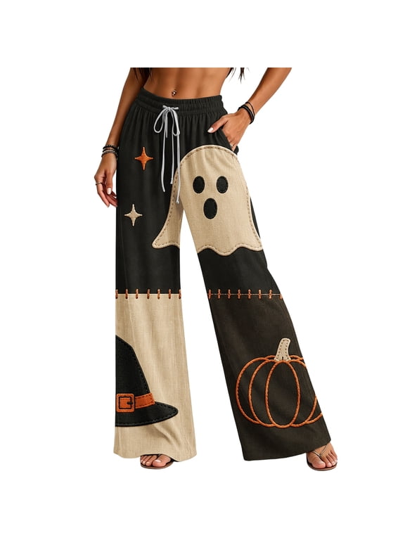 Women's Halloween Ghost Pumpkin Print Wide Leg Pants, High Waist Elastic Drawstring Palazzo Pants with Pockets