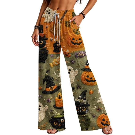 Women's Halloween Ghost Pumpkin Print Wide Leg Pants, High Waist Elastic Drawstring Palazzo Pants with Pockets