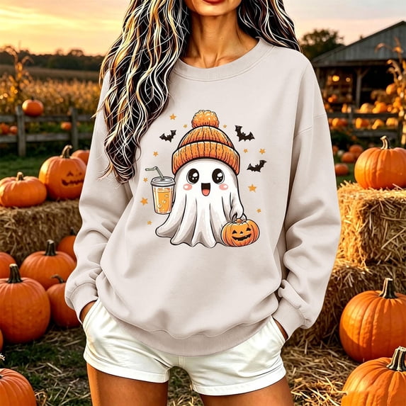 Women's Halloween Ghost Sweatshirt Casual Crewneck Pullover Long Sleeve Fall Graphic Tops with Bat Stars Cute Autumn Holiday Shirts Loose Fit Jumper