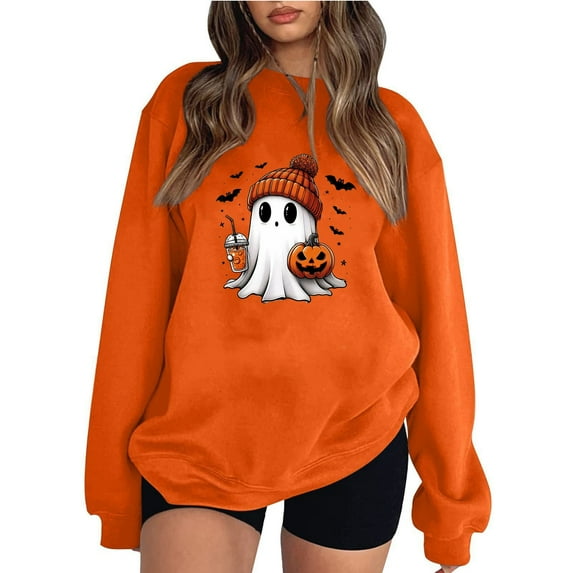 Women's Halloween Ghost Sweatshirt Cute Pumpkin and Coffee Design Cozy Fall Long Sleeve Pullover