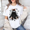 thumbnail image 1 of Women's Halloween Ghost T-Shirt Lace Bow Coquettish Round Neck Cute Horror Graphic Tee Top White S-5XL, 1 of 5