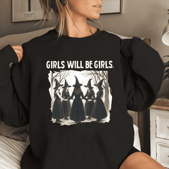Women's Halloween Girls Will Be girl Graphic, round-neck long-sleeved cotton Casual comfortable black S-3XL