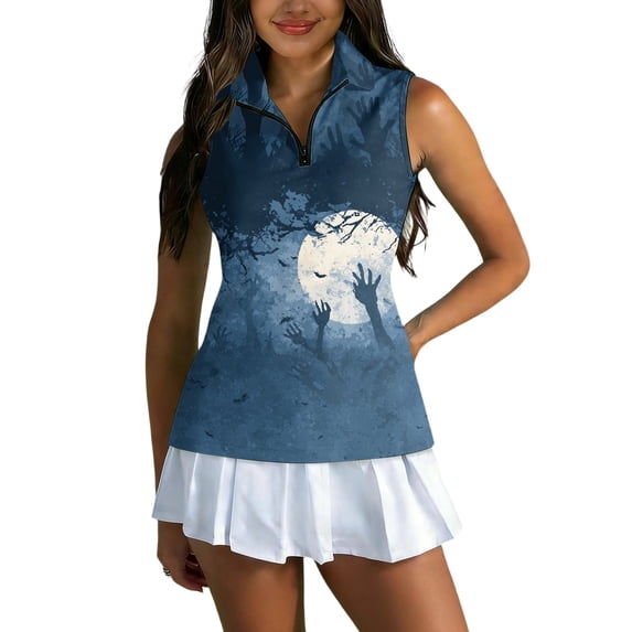 Women's Halloween Golf Shirt Sleeveless Collared Zip Up Tank Tops, Halloween Print Athletic Shirt for Themed Rounds Dark Blue M