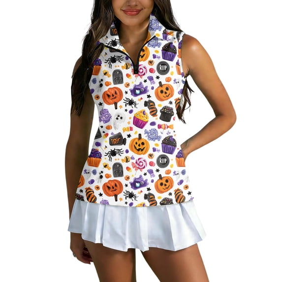 Women's Halloween Golf Shirt Sleeveless Collared Zip Up Tank Tops, Halloween Print Athletic Shirt for Themed Rounds Light Purple L