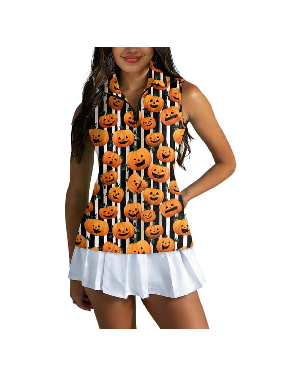 Women's Halloween Golf Shirt Sleeveless Collared Zip Up Tank Tops, Halloween Print Athletic Shirt for Themed Rounds Orange S
