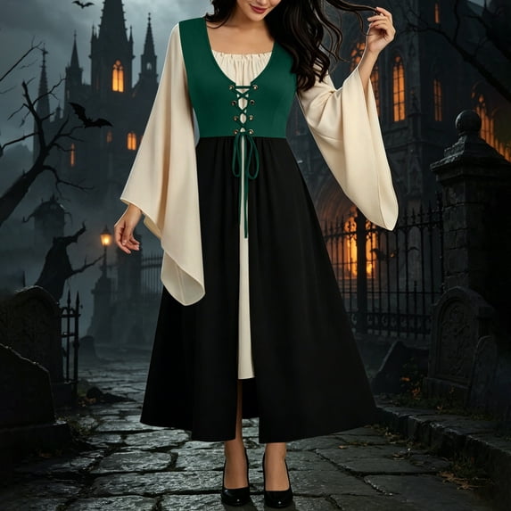 Women's Halloween Gothic Dress, Lace-Up Bodycon Mini Dress Witch Vampire Costume Outfit for Halloween Party Green XXXL