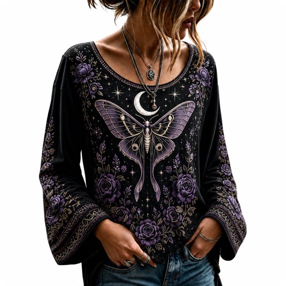 Women's Halloween Gothic Floral Print Long Sleeve Blouse Scoop Neck Bell Sleeve Retro Casual Top for Holiday and Party Red S