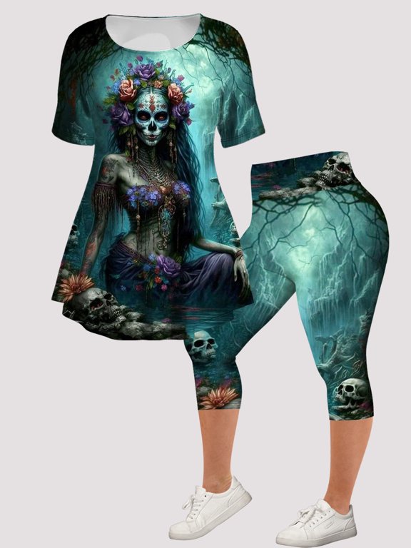 Women's Halloween Gothic Sugar Skull Floral Forest Two-Piece Outfit Round Neck Loose Swing Tunic & Matching High Waist Capri Leggings