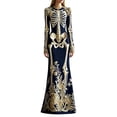 thumbnail image 1 of Women's Halloween Gothic Velvet Maxi Dress, Long Sleeve Round Neck Bodycon Dress with Skeleton Floral Print, Elegant Fall Evening Party Gown, 1 of 4