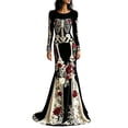 thumbnail image 1 of Women's Halloween Gothic Velvet Maxi Dress, Long Sleeve Round Neck Bodycon Dress with Skeleton Floral Print, Elegant Fall Evening Party Gown, 1 of 4