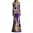 thumbnail image 1 of Women's Halloween Gothic Velvet Maxi Dress, Long Sleeve Round Neck Bodycon Dress with Skeleton Floral Print, Elegant Fall Evening Party Gown, 1 of 4