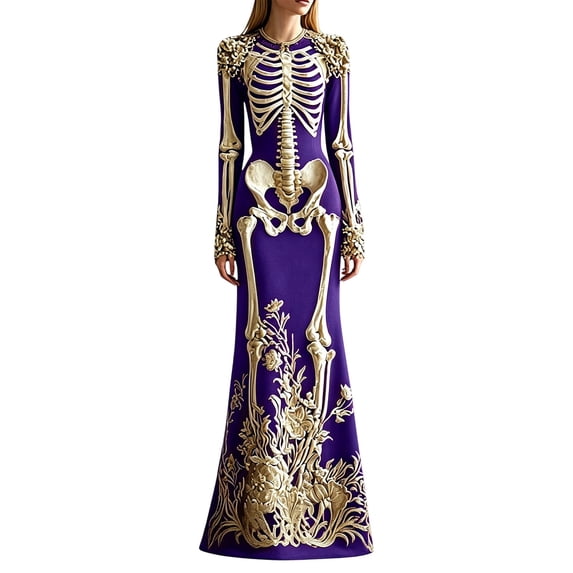 Women's Halloween Gothic Velvet Maxi Dress, Long Sleeve Round Neck Bodycon Dress with Skeleton Floral Print, Elegant Fall Evening Party Gown