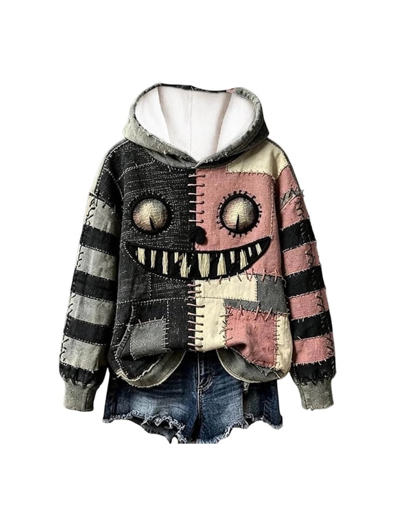 Women's Halloween Graphic Hoodie Sweater Patchwork Stripe Knit Pullover Hooded Top Spooky