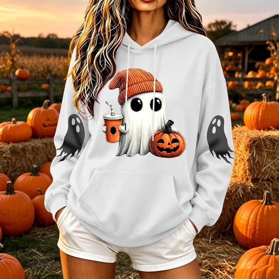Women's Halloween Graphic Hoodies Casual Drawstring Pullover Sweatshirts Cute Ghost Pumpkin Print Tops with Pocket Cozy Fall Festival Party Activewear