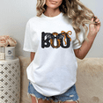 thumbnail image 1 of Women’s Halloween Graphic T-Shirt, Boo Letter with Bat and Bow Print, Cotton Short Sleeve, S-4XL, 1 of 6