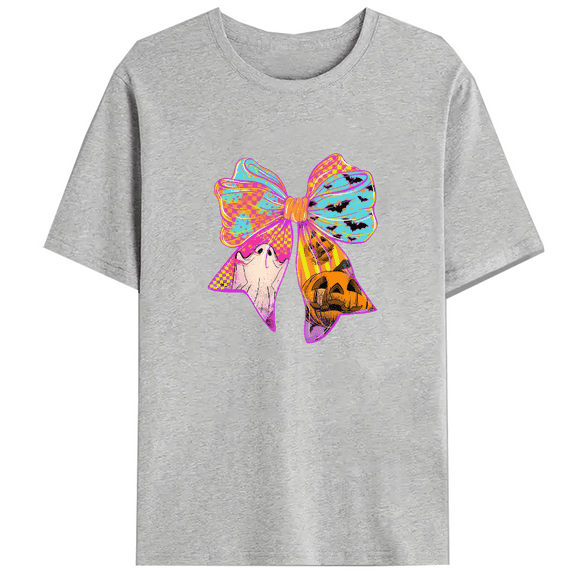 Women’s Halloween Graphic T-Shirt, Colorful Bow Print with Ghost Pumpkin and Bat Design, Cotton Short Sleeve, S-4XL
