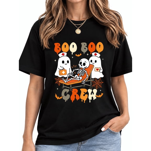 Women's Halloween Graphic T Shirt Cute Ghost Nurse Skeleton Print Short Sleeve Crew Neck Casual Tee