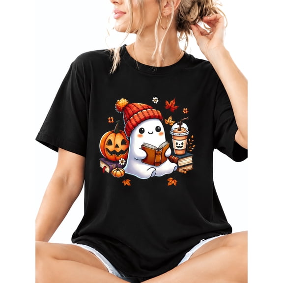 Women's Halloween Graphic T Shirt Cute Ghost Pumpkin Fall Print Short Sleeve Casual Tee Black