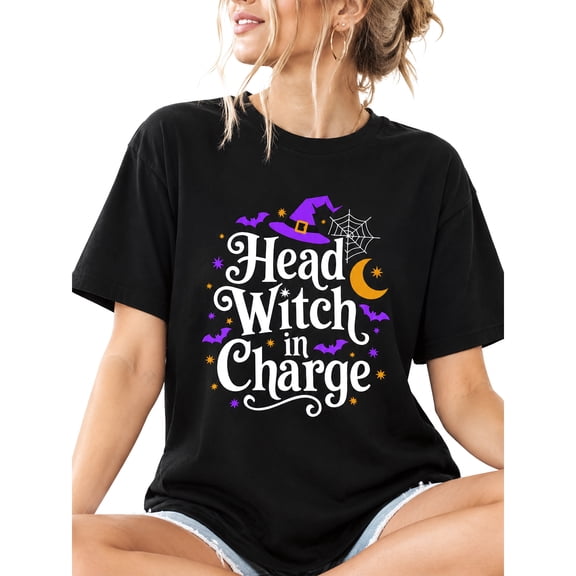 Women's Halloween Graphic T Shirt Head Witch In Charge Print Short Sleeve Crew Neck Casual Top