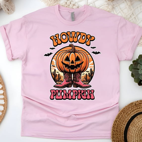 Women's Halloween Graphic Tee, "Howdy Pumpkin" Western Jack-O'-Lantern Design, Light Pink, Size M