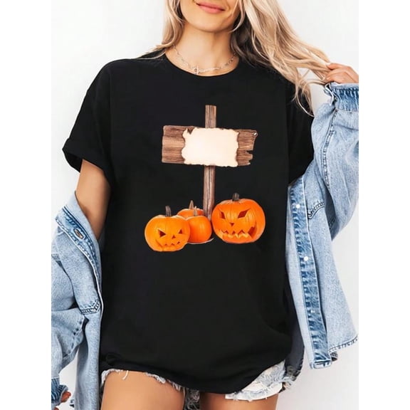 Women's Halloween Graphic Tee, Print T-Shirt, Women's Spooky Graphic Tops, Short Sleeve Casual Streetwear T-Shirt for Travel Party，Classic，cotton，black，S-5XL