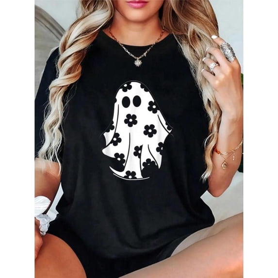 Women's Halloween Graphic Tee,Spooky Retro Groovy T-Shirt,Pumpkin & Maple Leaf Print ,Causal Short Sleeve Tops,Classic,cotton,black,S-5XL