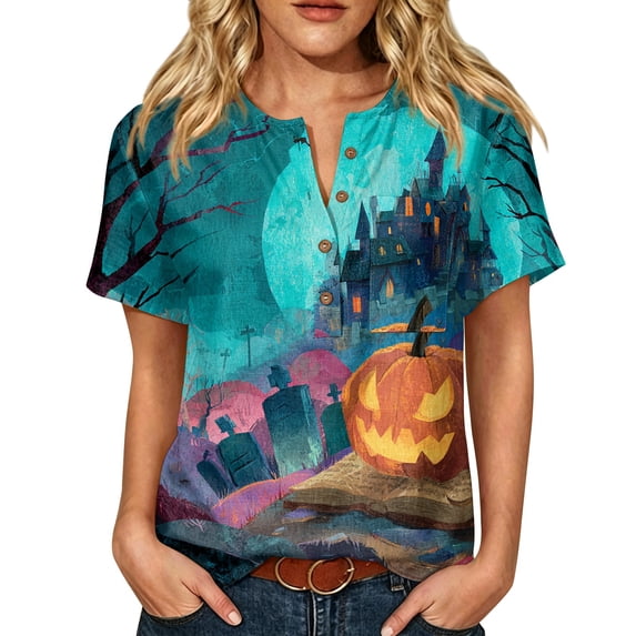 Women’s Halloween Handprint Graphic Henley Button Neck Short Sleeve Cotton Linen Shirt with Chest Pocket Casual Fit