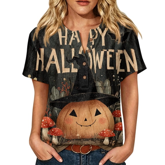 Women’s Halloween Handprint Graphic Henley Button Neck Short Sleeve Cotton Linen Shirt with Chest Pocket Casual Fit
