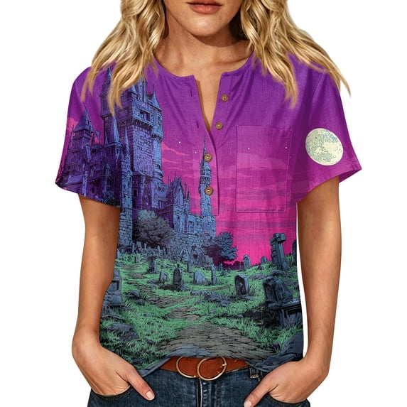 Women’s Halloween Handprint Graphic Henley Button Neck Short Sleeve Cotton Linen Shirt with Chest Pocket Casual Fit
