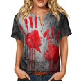thumbnail image 1 of Women’s Halloween Handprint Graphic Henley Button Neck Short Sleeve Cotton Linen Shirt with Chest Pocket Casual Fit, 1 of 7