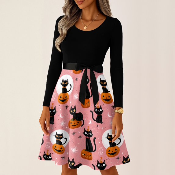 Women's Halloween Hepburn Dresses Bat Witch Hat Long Sleeve Funny Hepburn Dress Ghost Spider Webeb Crew Neck Spooky Hepburn Dresses, L