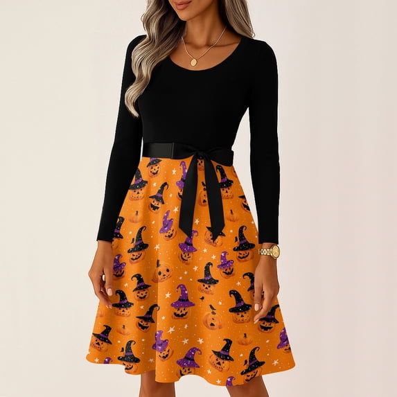 Women's Halloween Hepburn Dresses Ghost Bat Crew Neck Funny Hepburn Dresses Witch Hat Pumpkin Long Sleeve Horror Hepburn Dress, L