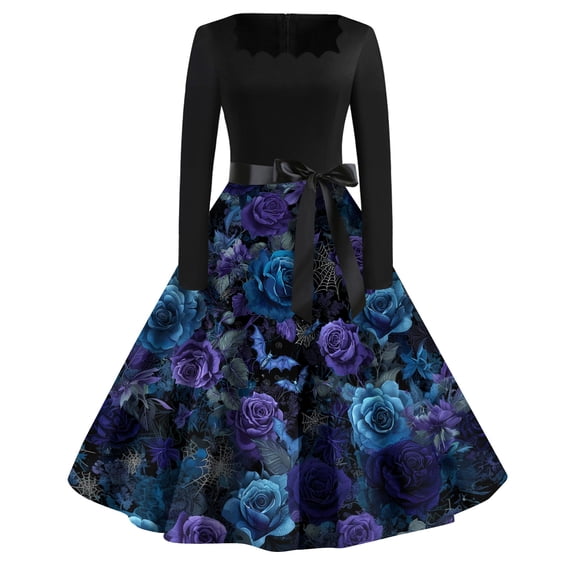 Women's Halloween Hepburn Dresses Pumpkin Spider Webeb Long Sleeve Funny Hepburn Dresses Bat Moon Round Neck Horror Hepburn Dress, 5XL