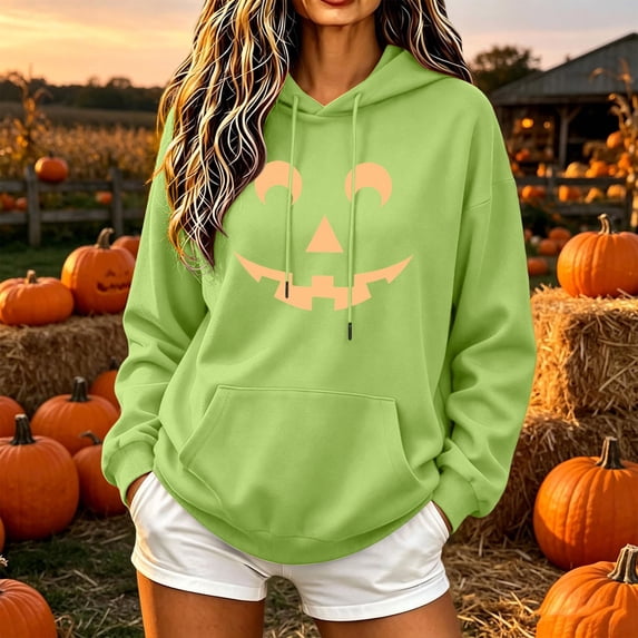 Women's Halloween Hoodie Funny Jack-O-Lantern Graphic Sweatshirt Cute Pumpkin Face Pullover Long Sleeve Hooded Fall Tops with Kangaroo Pocket Casual Loose Fit