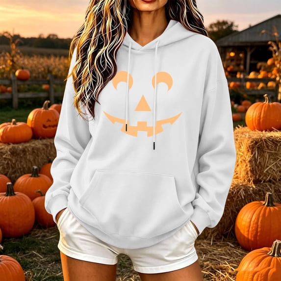 Women's Halloween Hoodie Funny Jack-O-Lantern Graphic Sweatshirt Cute Pumpkin Face Pullover Long Sleeve Hooded Fall Tops with Kangaroo Pocket Casual Loose Fit