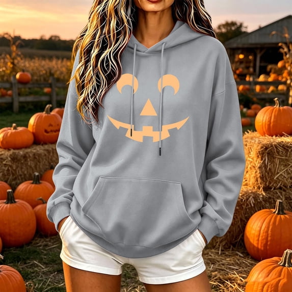 Women's Halloween Hoodie Funny Jack-O-Lantern Graphic Sweatshirt Cute Pumpkin Face Pullover Long Sleeve Hooded Fall Tops with Kangaroo Pocket Casual Loose Fit