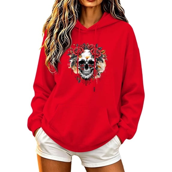 Women's Halloween Hoodies Crewneck Long Sleeve Hooded Sweatshirt Spooky Skull Graphic Printed Casual Fall Winter Pullover Hoody Top 2026 Halloween Clothings