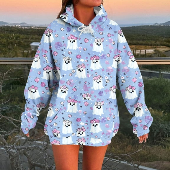 Women's Halloween Hoodies Pumpkin Ghost Print Oversized Pullover Long Sleeve Drawstring Sweatshirt Spooky Tops with Pocket