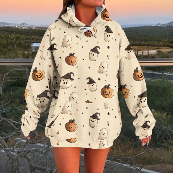 Women's Halloween Hoodies Pumpkin Ghost Print Oversized Pullover Long Sleeve Drawstring Sweatshirt Spooky Tops with Pocket