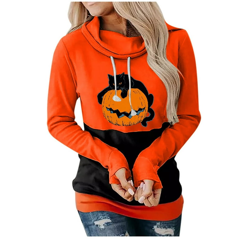 Women's Halloween Hoodies Pumpkin Graphic Print Hoodie Sweatshirt Long  Sleeve Drawstring Tee Shirt Fall Clothes Blouse