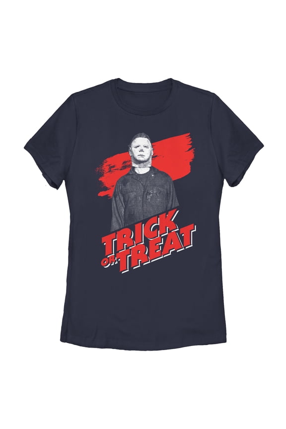 Women's Halloween II Michael Myers Trick or Treat  Graphic Tee Navy Blue Medium