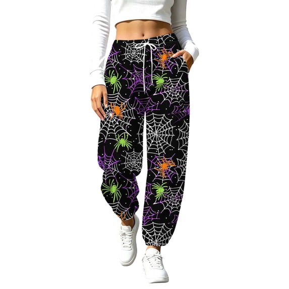 Women's Halloween Jogger Sweatpants Ghost Pumpkin Graphic with Pockets Elastic Drawstring Waist Soft Fabric Relaxed Fit Cuffed Ankle Pants for Party Lounge Casual and Everyday Wear